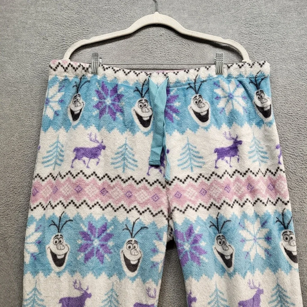Disney Women Sleepwear XL Blue Pajama‎ Pants Frozen Olaf Fair Isle Fleece Pocket - Picture 3 of 9